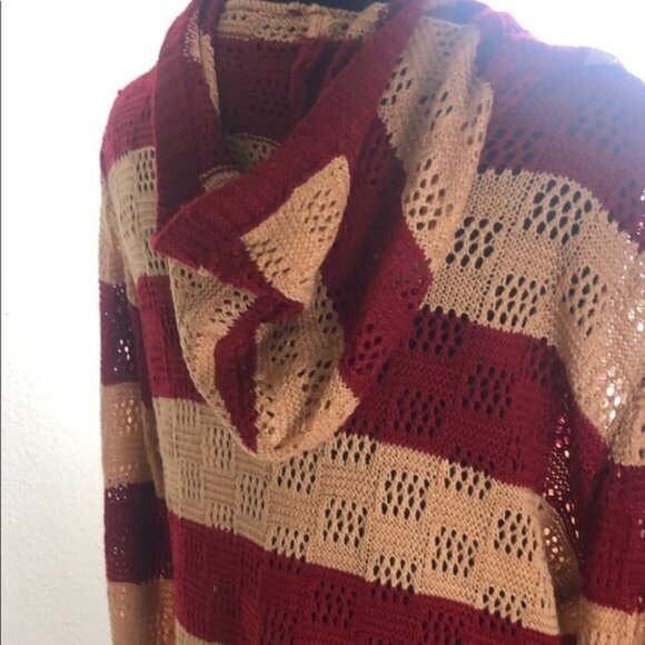 Open Knitted Striped Hooded Cardigan w/ Pockets - Picture 10 of 11